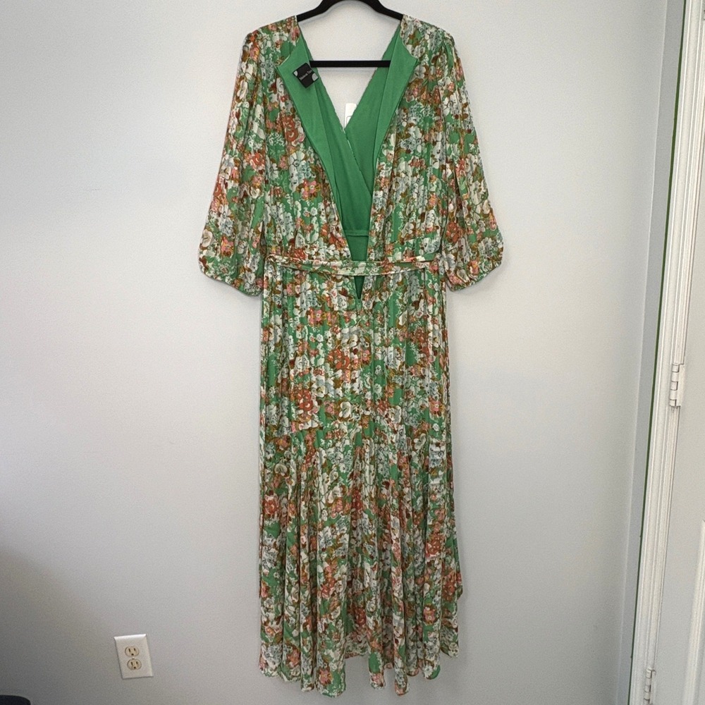 Maison Tara Green Floral Pleated Maxi‎ Dress V-Neck 3/4 Puff Sleeve Belted - Picture 8 of 12